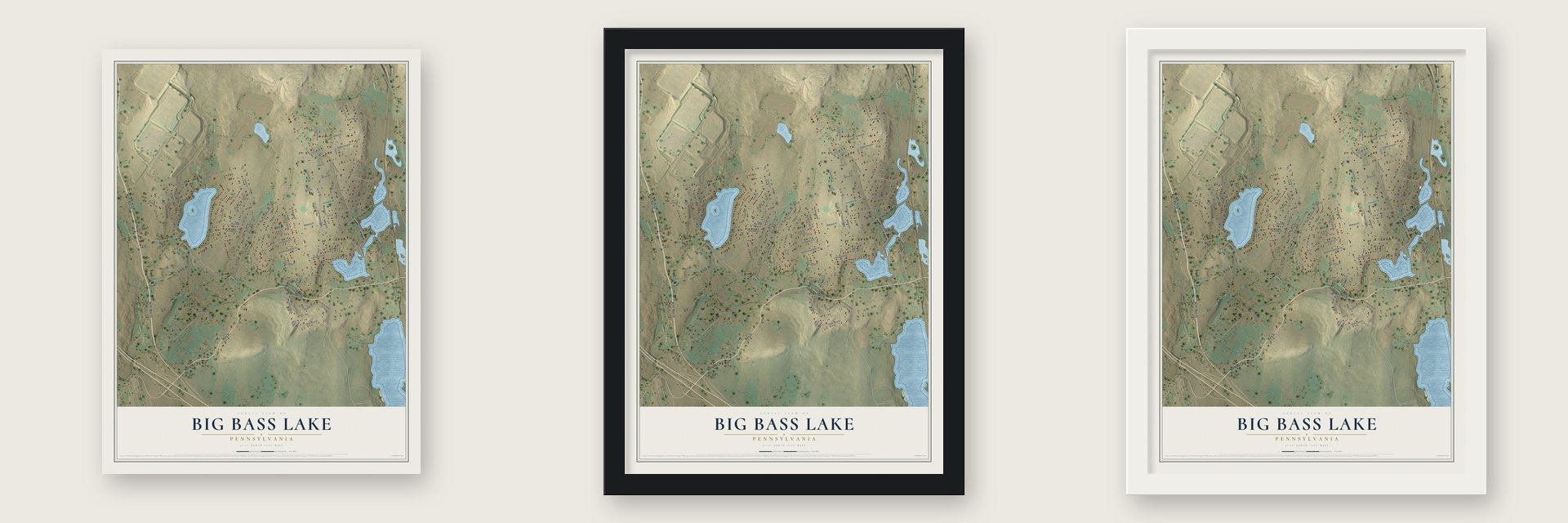 Big Bass Lake, Pennsylvania map unframed, in a black wood frame and in a white wood frame