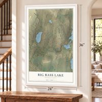 Big Bass Lake, Pennsylvania map, 24 x 36 inch print in a white frame by a staircase