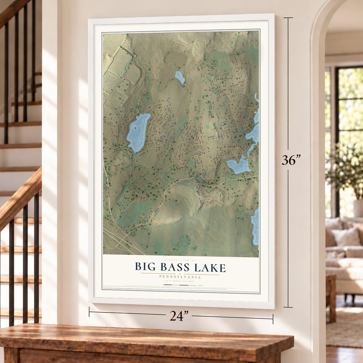 Big Bass Lake, Pennsylvania map, 24 x 36 inch print in a white frame by a staircase