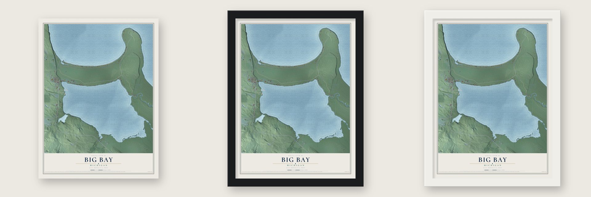 Big Bay, Michigan map unframed, in a black wood frame and in a white wood frame