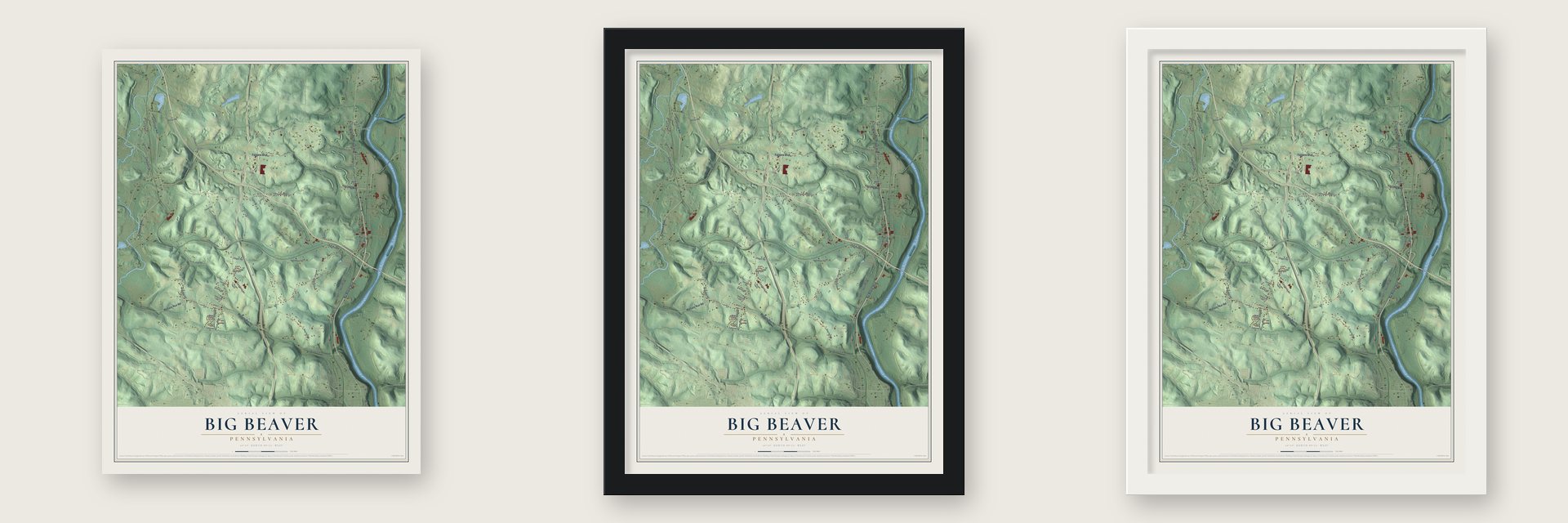 Big Beaver, Pennsylvania map unframed, in a black wood frame and in a white wood frame