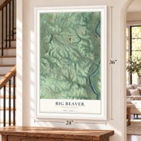 Big Beaver, Pennsylvania map, 24 x 36 inch print in a white frame by a staircase