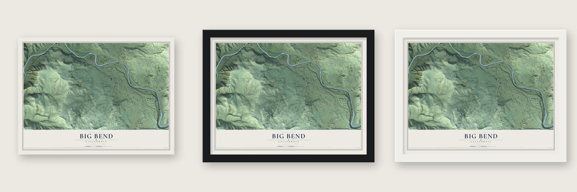 Big Bend, California map unframed, in a black wood frame and in a white wood frame