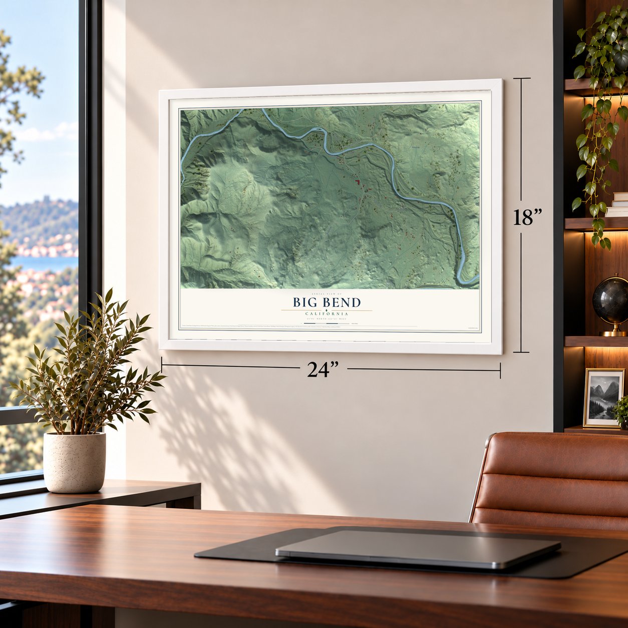 Big Bend, California map, 18 x 24 inch print in a white frame in a home office