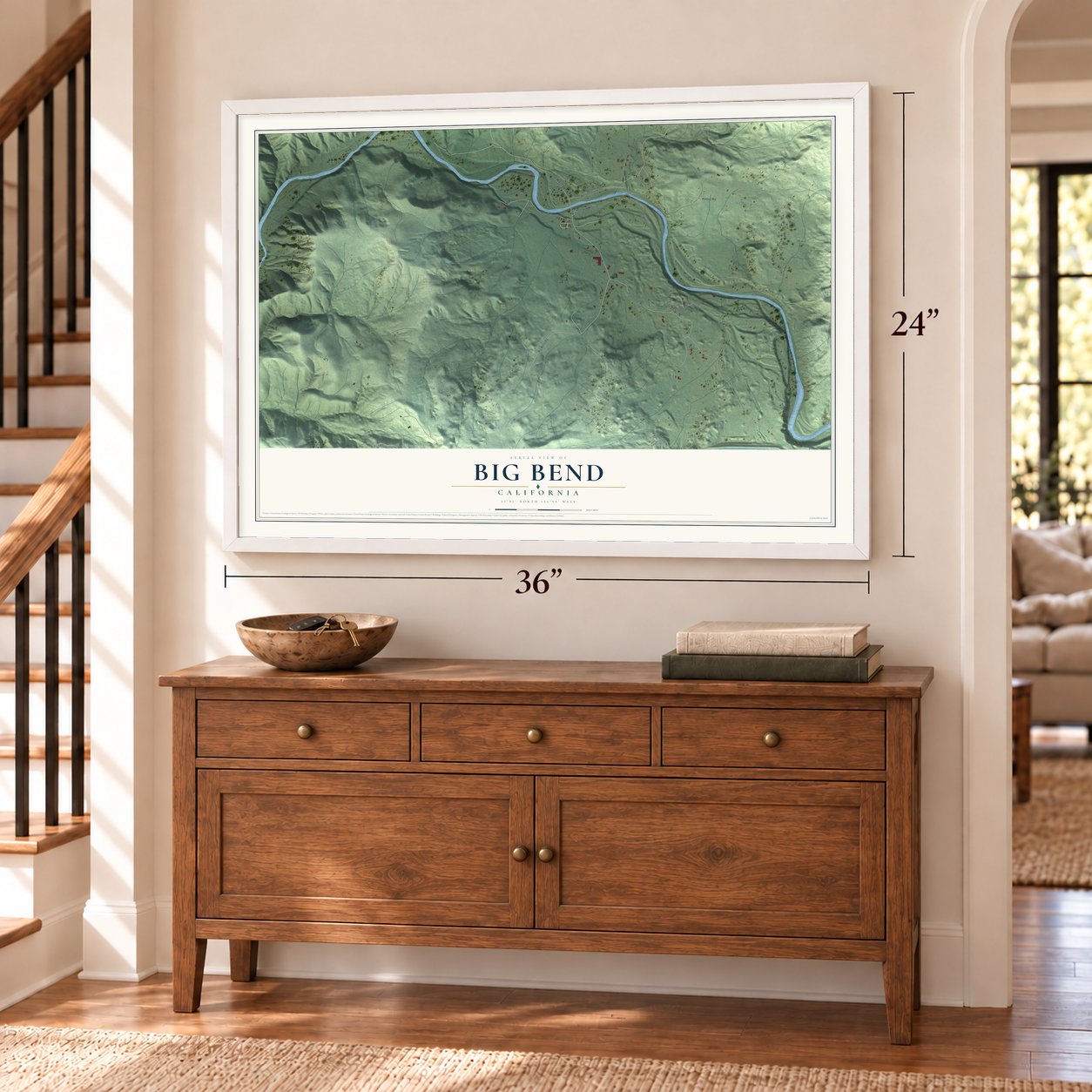 Big Bend, California map, 24 x 36 inch print in a white frame above a dresser by a staircase