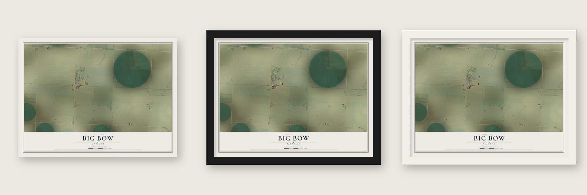 Big Bow, Kansas map unframed, in a black wood frame and in a white wood frame