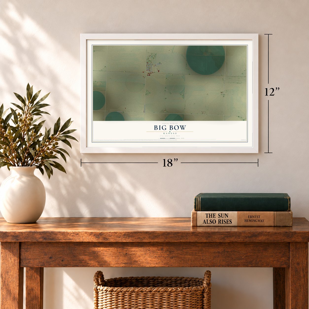 Big Bow, Kansas map, 12 x 18 inch print in a white frame in an entryway