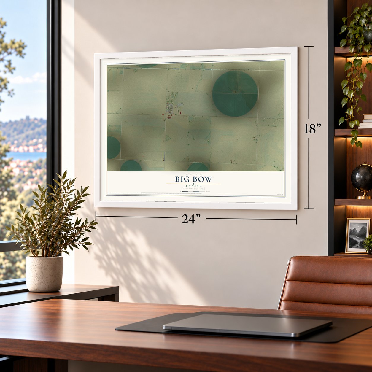 Big Bow, Kansas map, 18 x 24 inch print in a white frame in a home office
