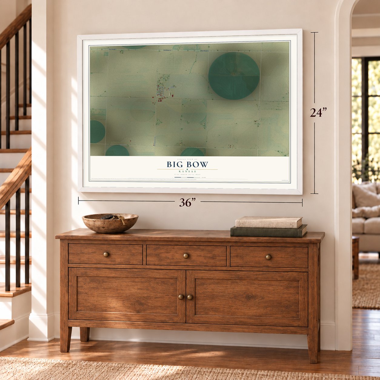 Big Bow, Kansas map, 24 x 36 inch print in a white frame above a dresser by a staircase