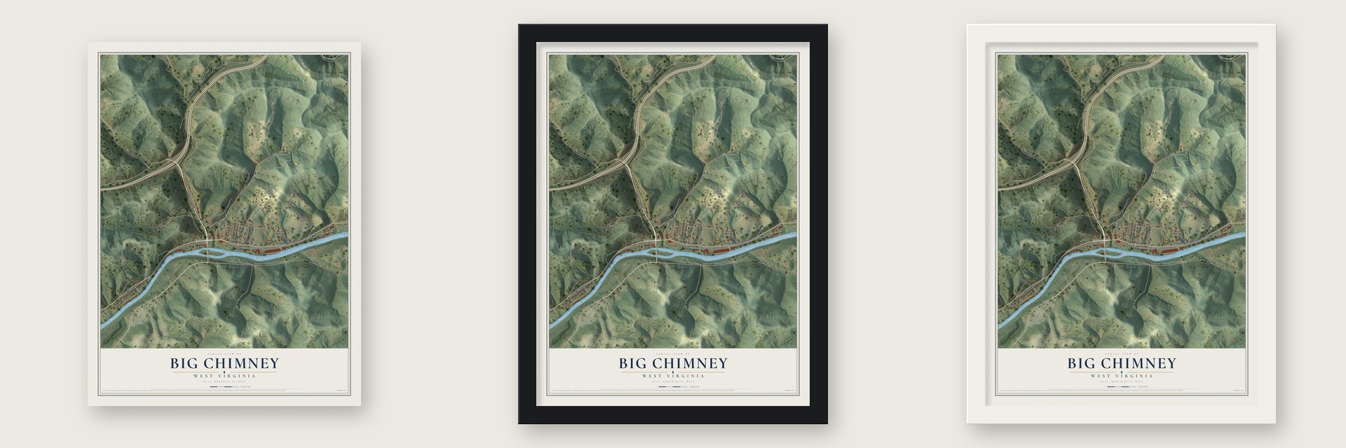 Big Chimney, West Virginia map unframed, in a black wood frame and in a white wood frame