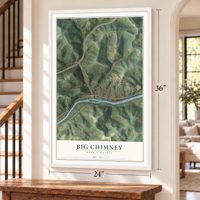 Big Chimney, West Virginia map, 24 x 36 inch print in a white frame by a staircase