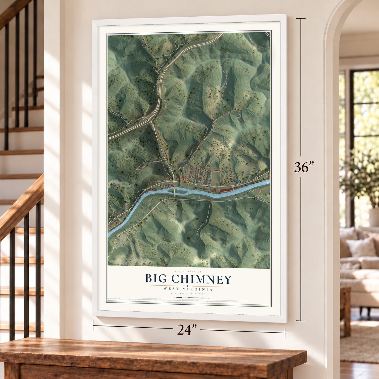 Big Chimney, West Virginia map, 24 x 36 inch print in a white frame by a staircase