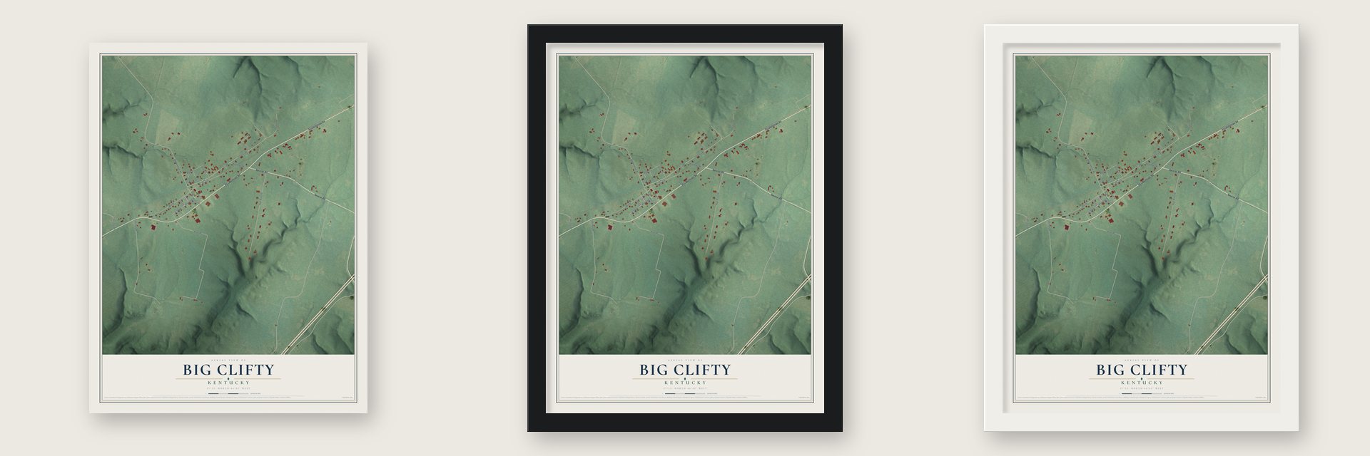 Big Clifty, Kentucky map unframed, in a black wood frame and in a white wood frame