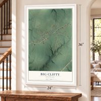 Big Clifty, Kentucky map, 24 x 36 inch print in a white frame by a staircase
