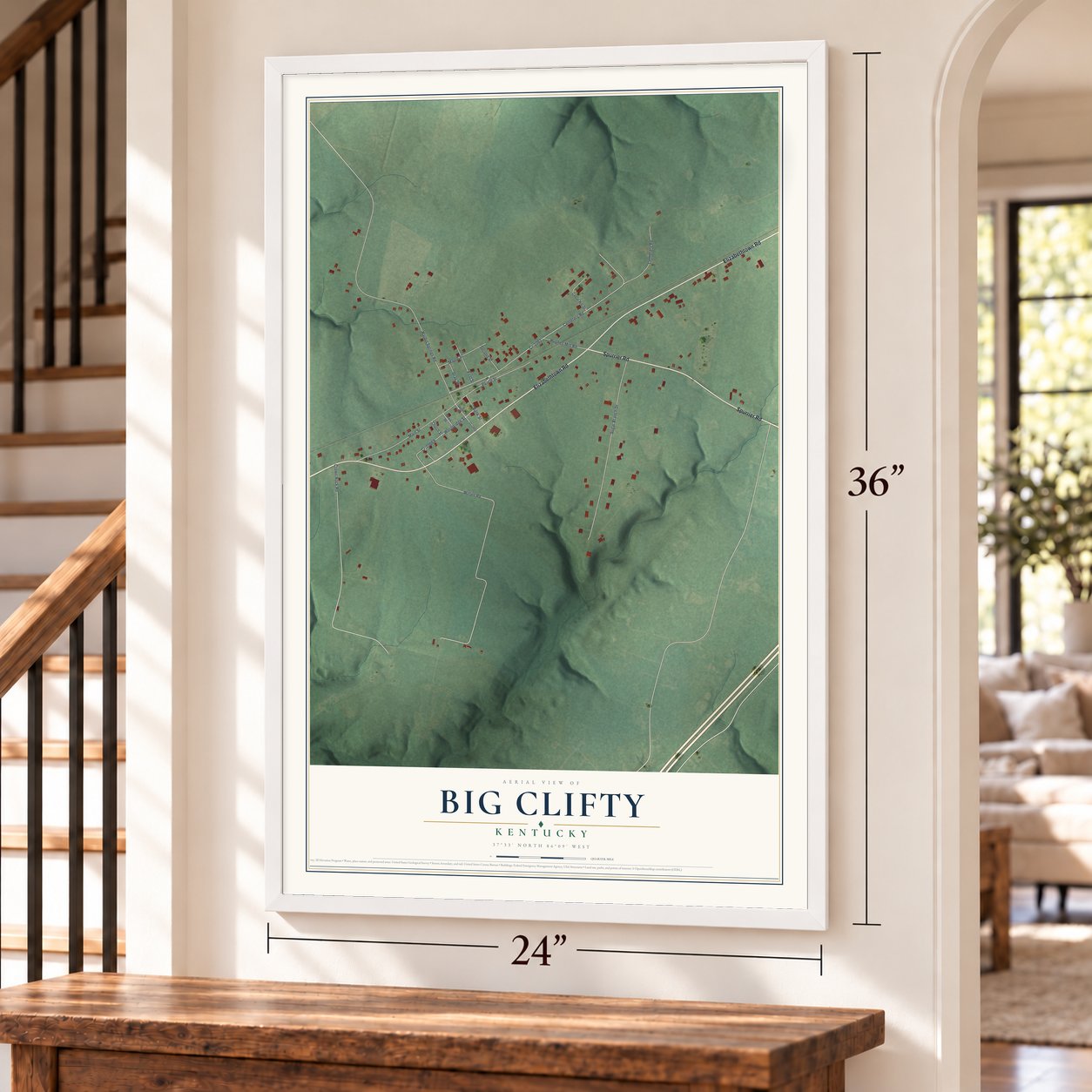 Big Clifty, Kentucky map, 24 x 36 inch print in a white frame by a staircase