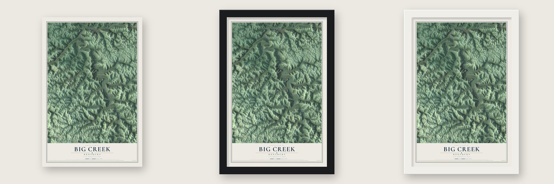 Big Creek, Kentucky map unframed, in a black wood frame and in a white wood frame