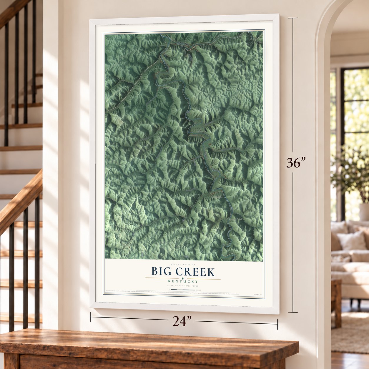 Big Creek, Kentucky map, 24 x 36 inch print in a white frame by a staircase