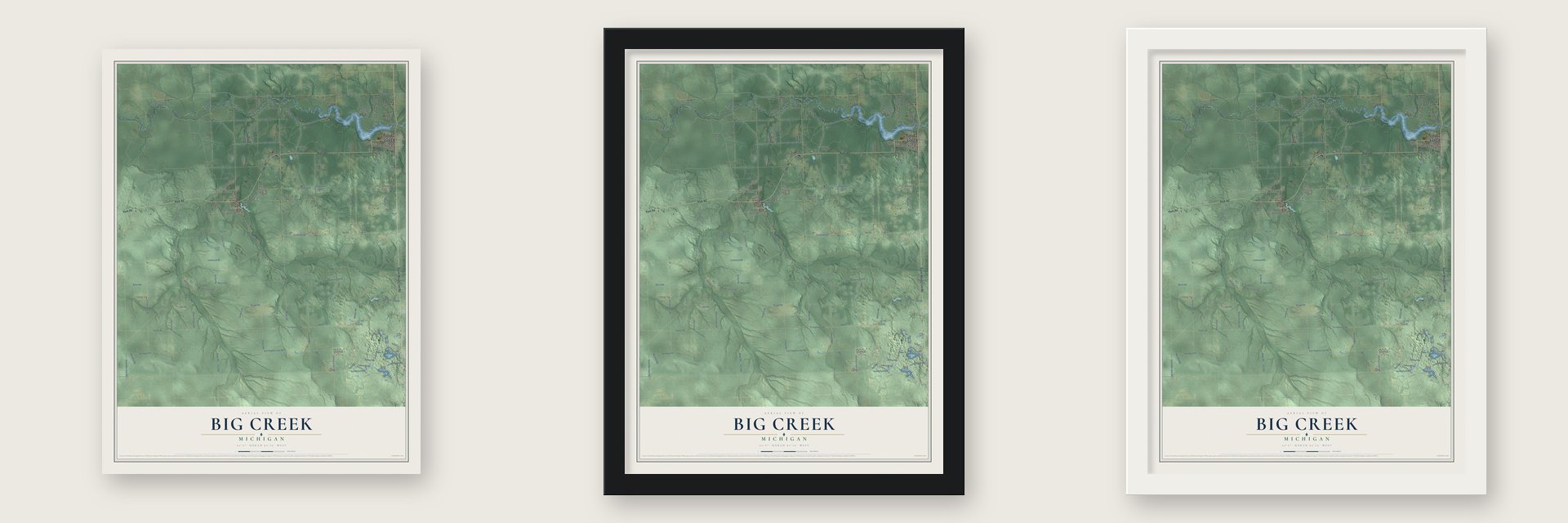 Big Creek, Michigan map unframed, in a black wood frame and in a white wood frame