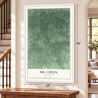 Big Creek, Michigan map, 24 x 36 inch print in a white frame by a staircase