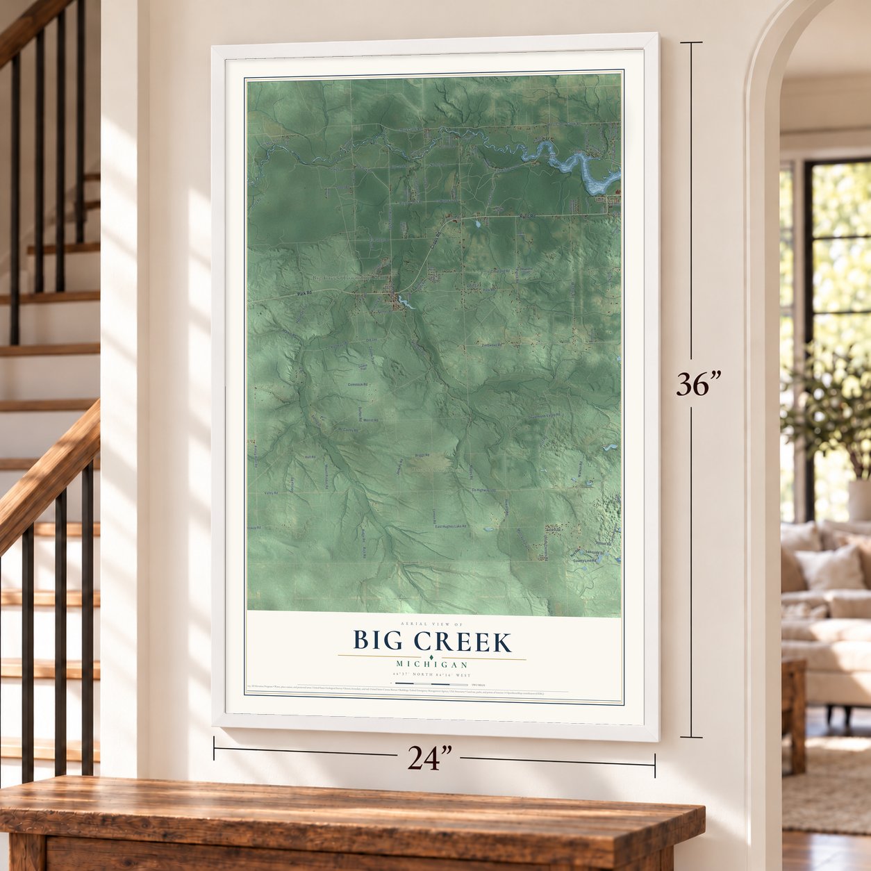 Big Creek, Michigan map, 24 x 36 inch print in a white frame by a staircase