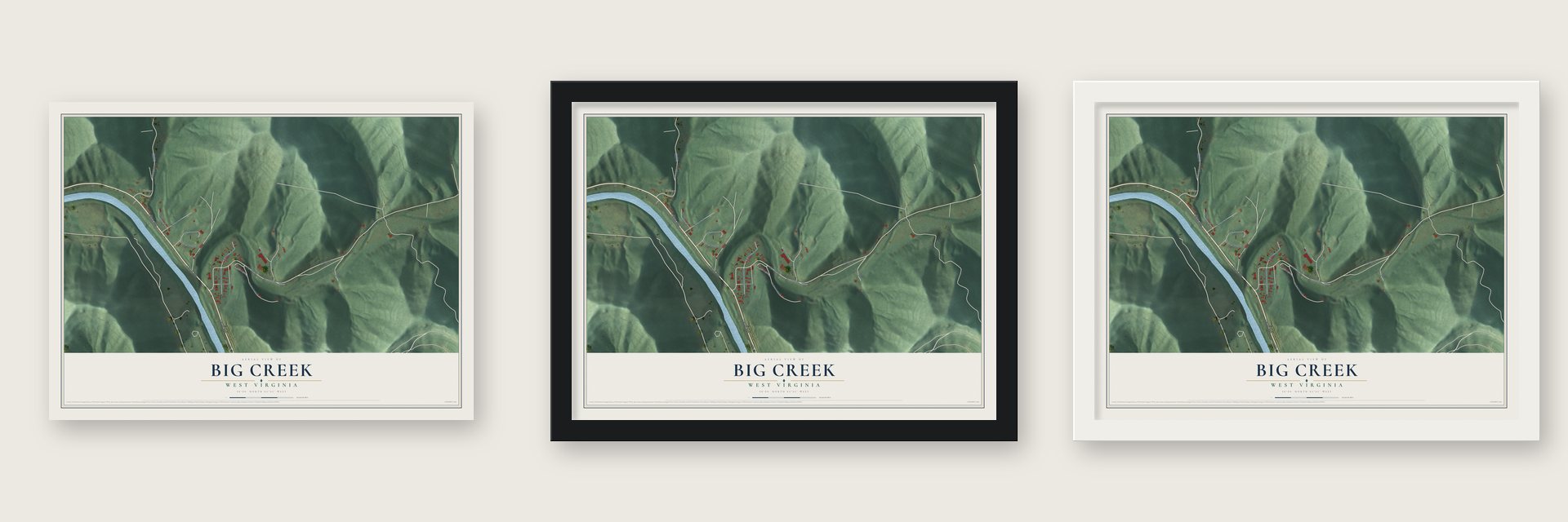 Big Creek, West Virginia map unframed, in a black wood frame and in a white wood frame