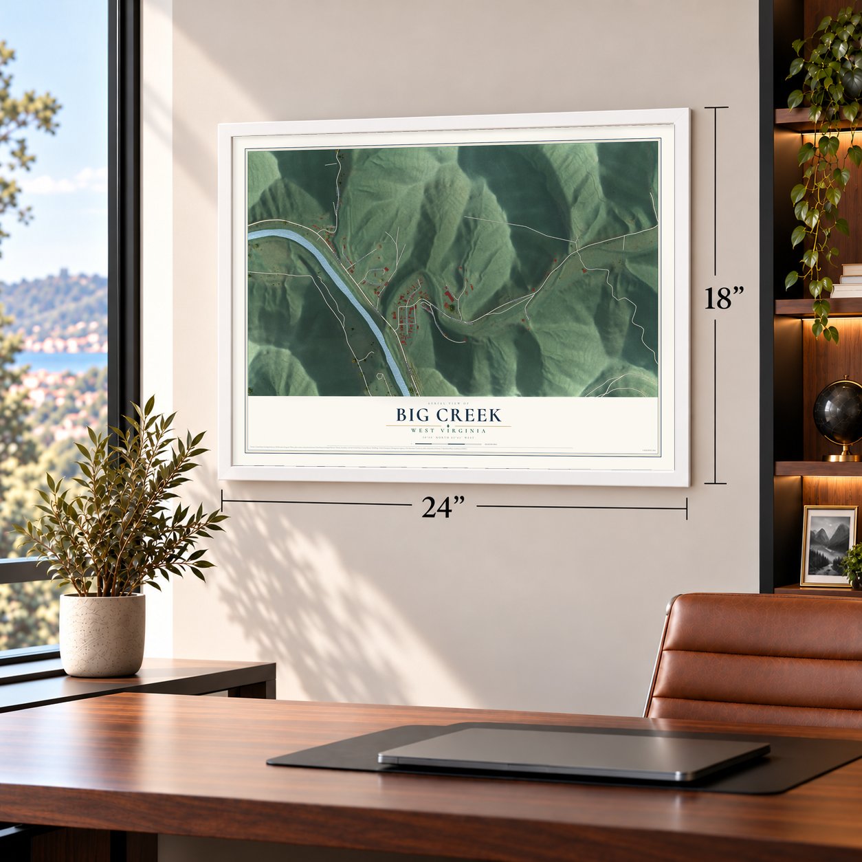 Big Creek, West Virginia map, 18 x 24 inch print in a white frame in a home office