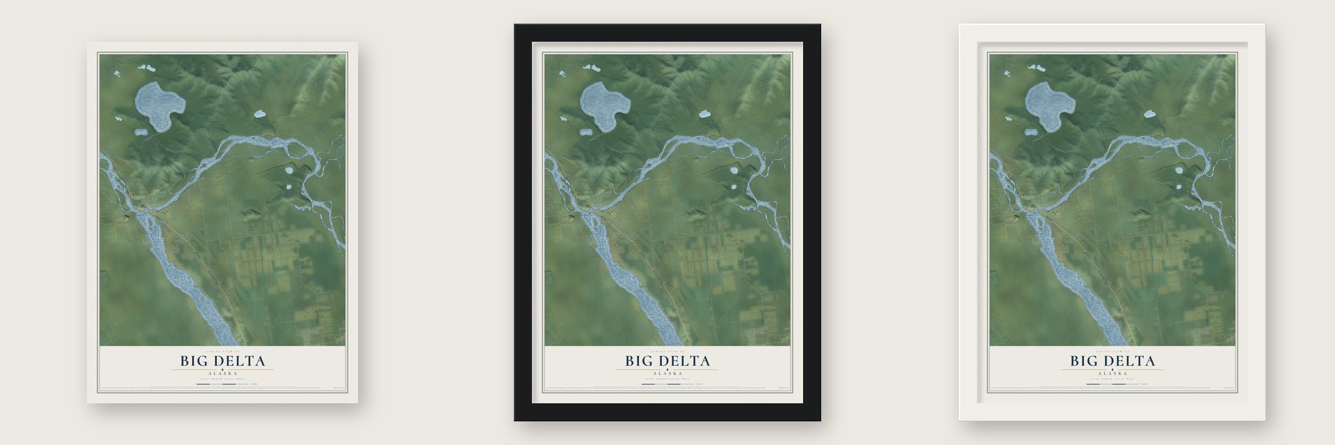 Big Delta, Alaska map unframed, in a black wood frame and in a white wood frame