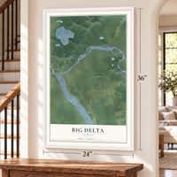 Big Delta, Alaska map, 24 x 36 inch print in a white frame by a staircase