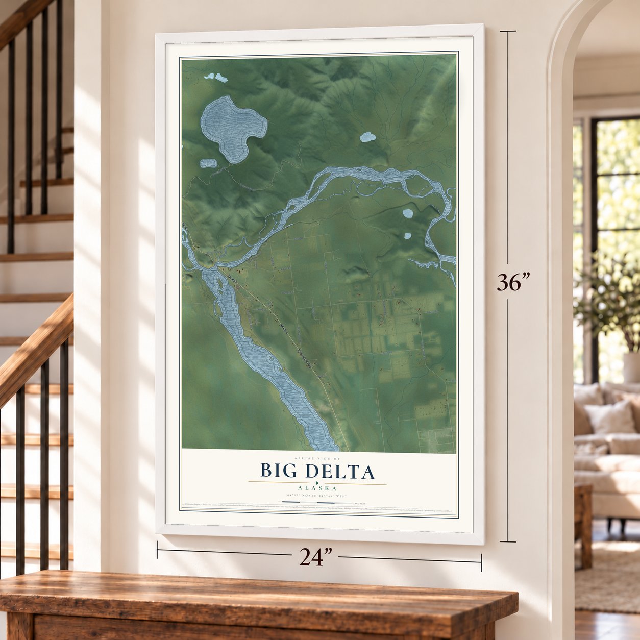 Big Delta, Alaska map, 24 x 36 inch print in a white frame by a staircase