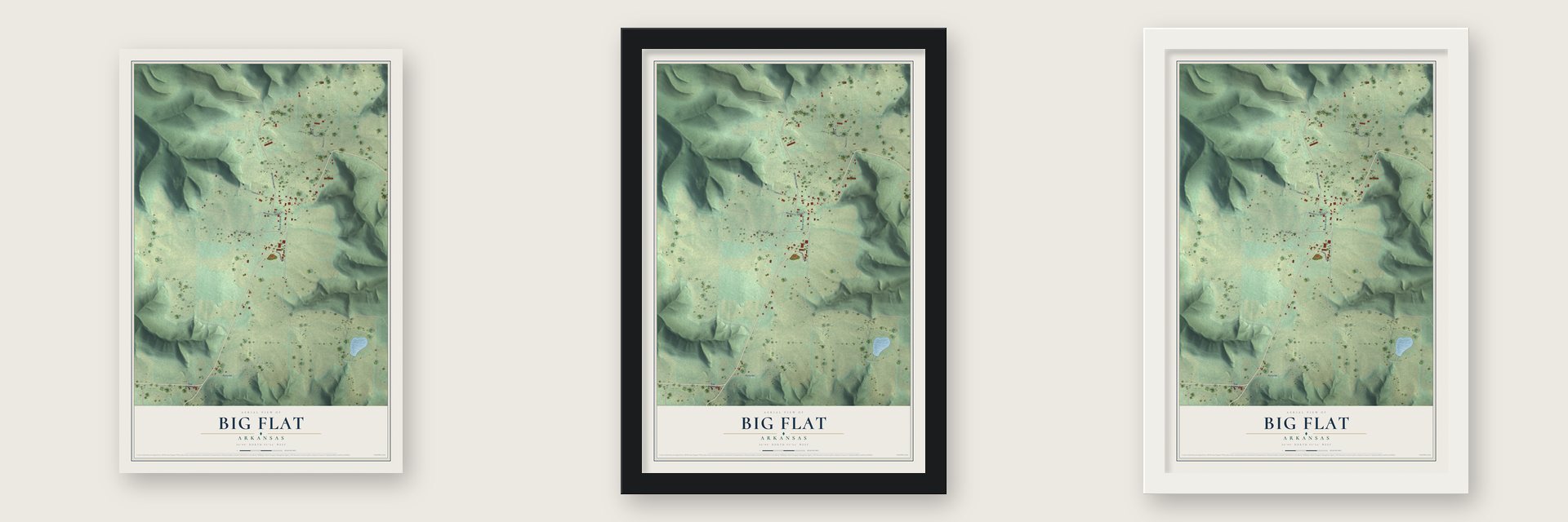 Big Flat, Arkansas map unframed, in a black wood frame and in a white wood frame
