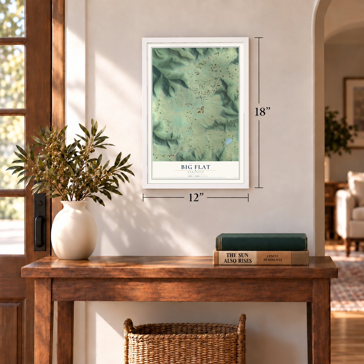 Big Flat, Arkansas map, 12 x 18 inch print in a white frame in an entryway
