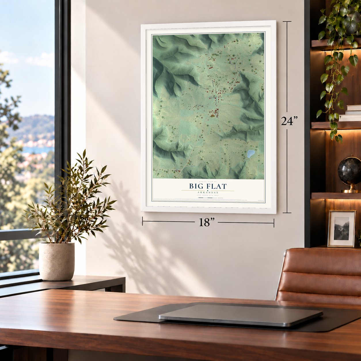 Big Flat, Arkansas map, 18 x 24 inch print in a white frame in a home office
