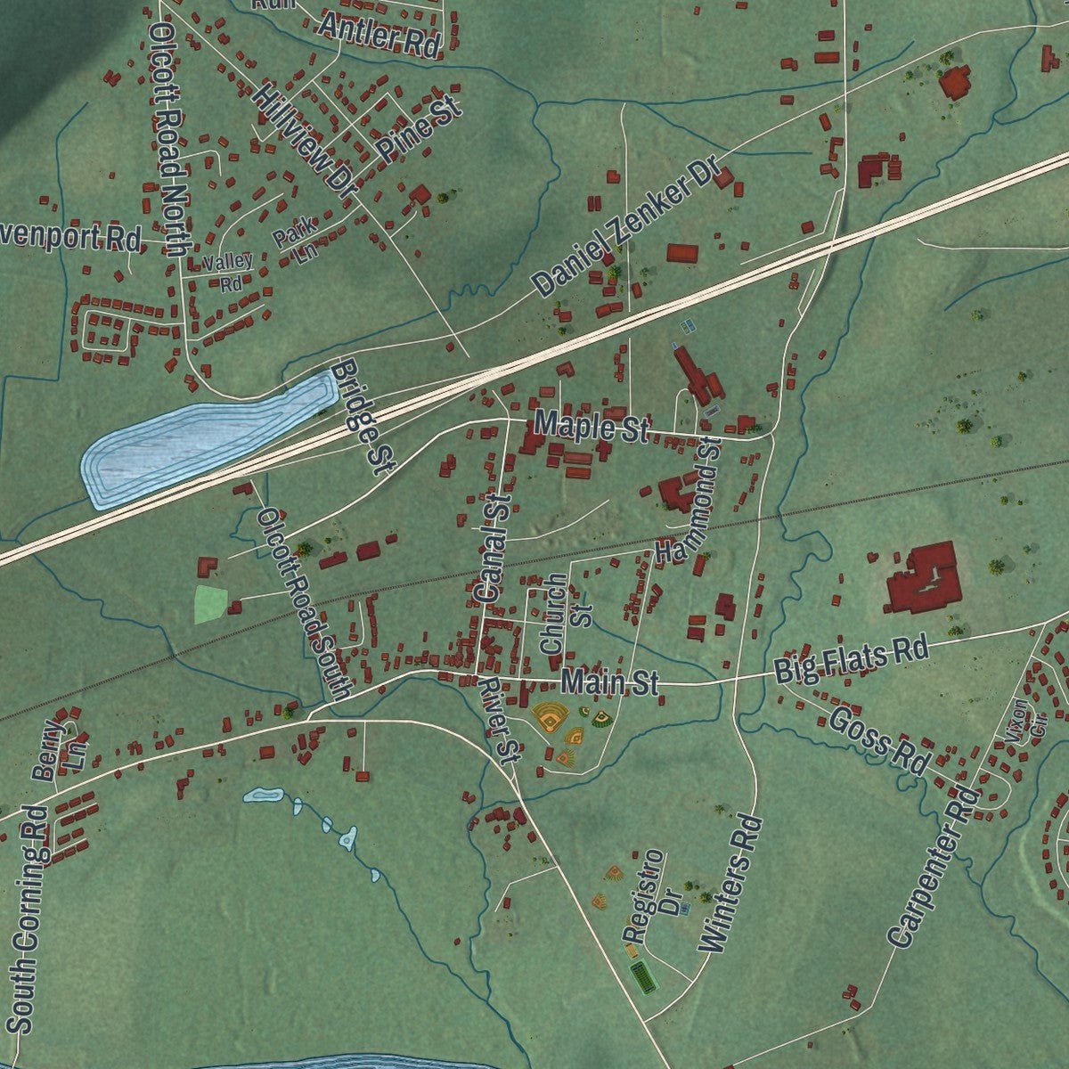 Second close-up of the map of Big Flats, New York print showing more streets and buildings