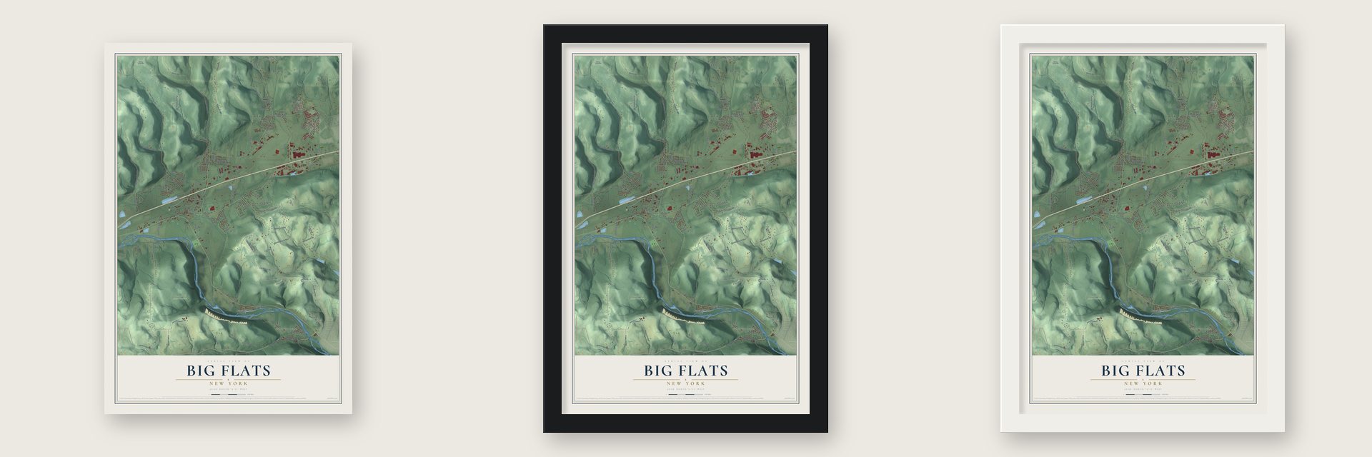 Big Flats, New York map unframed, in a black wood frame and in a white wood frame