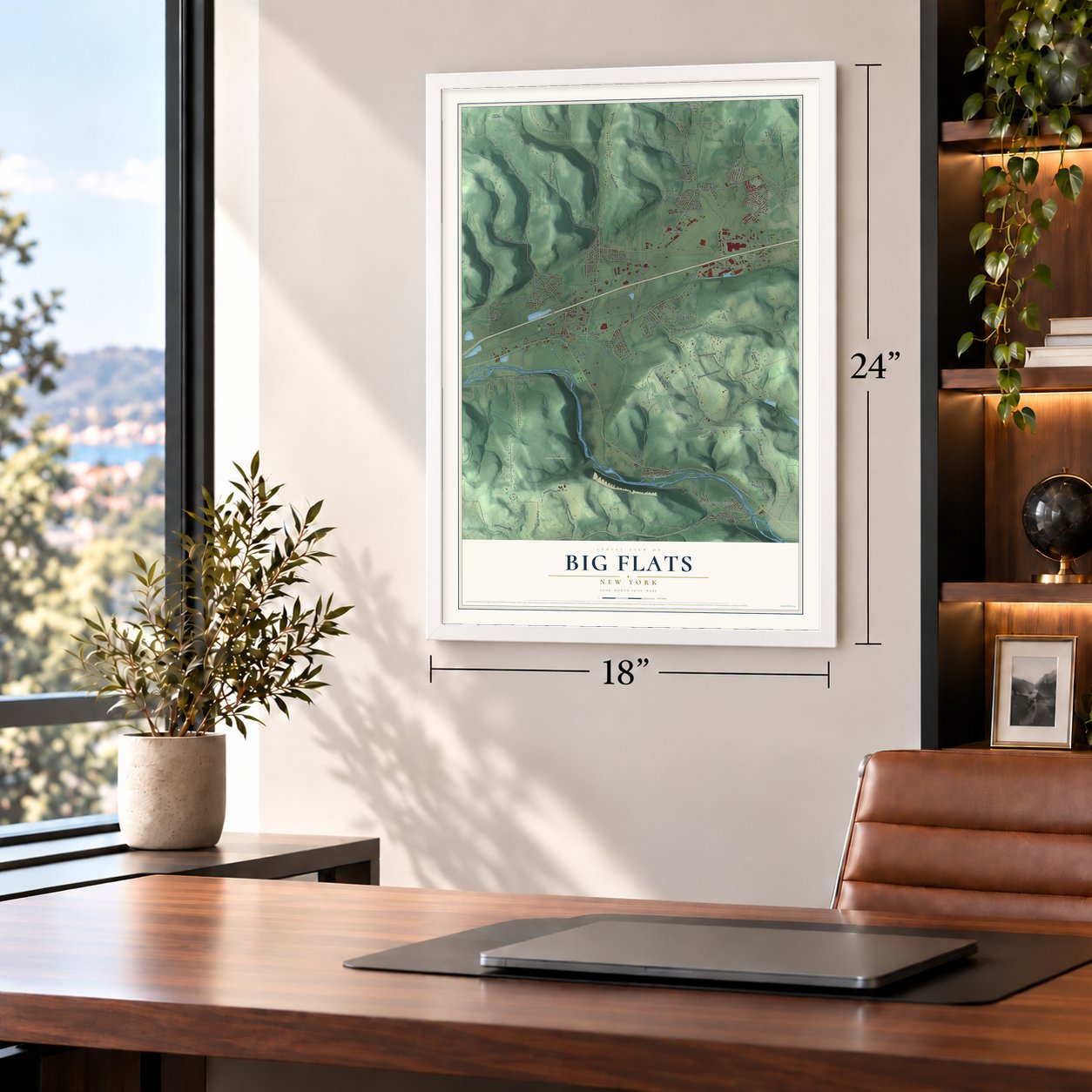 Big Flats, New York map, 18 x 24 inch print in a white frame in a home office