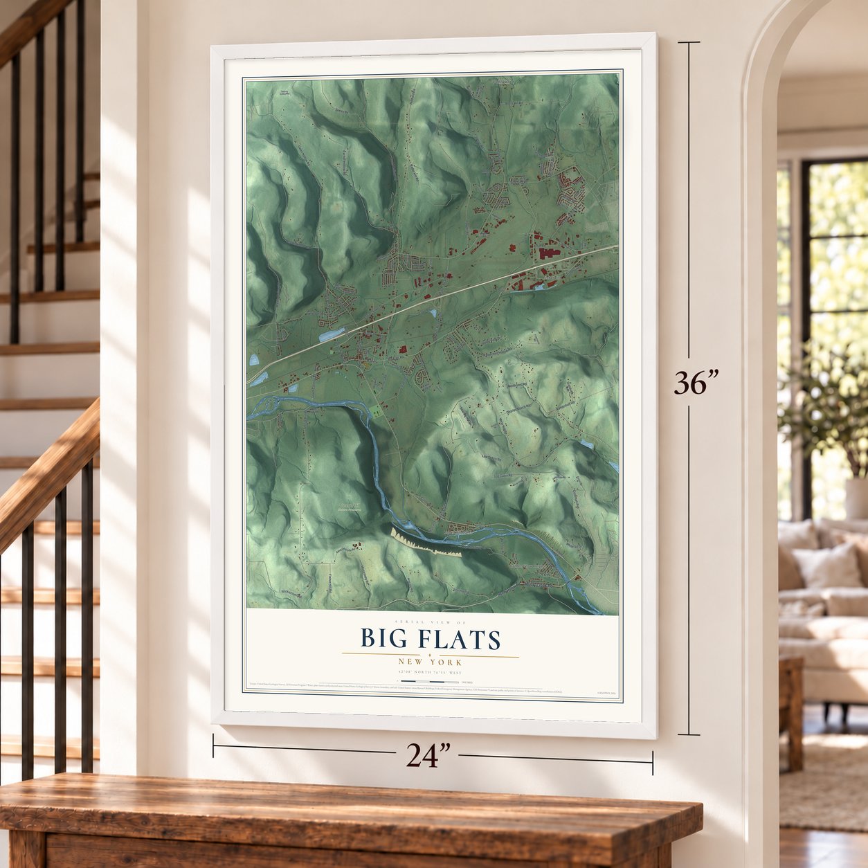 Big Flats, New York map, 24 x 36 inch print in a white frame by a staircase