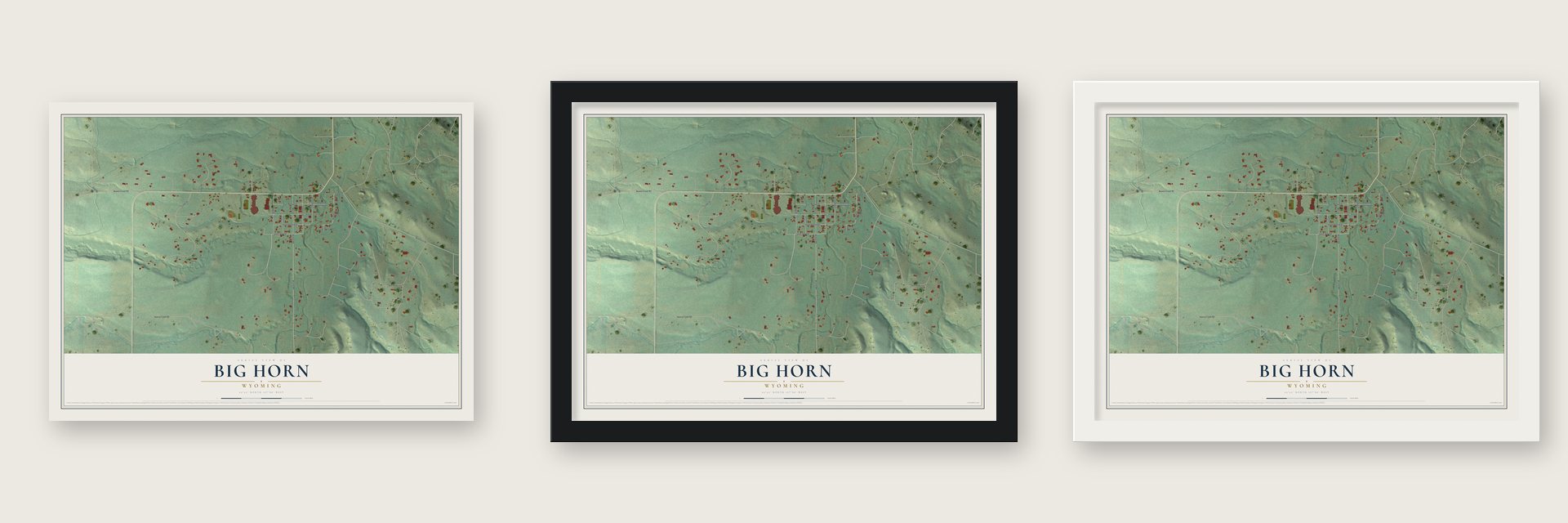 Big Horn, Wyoming map unframed, in a black wood frame and in a white wood frame