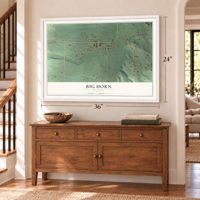 Big Horn, Wyoming map, 24 x 36 inch print in a white frame above a dresser by a staircase