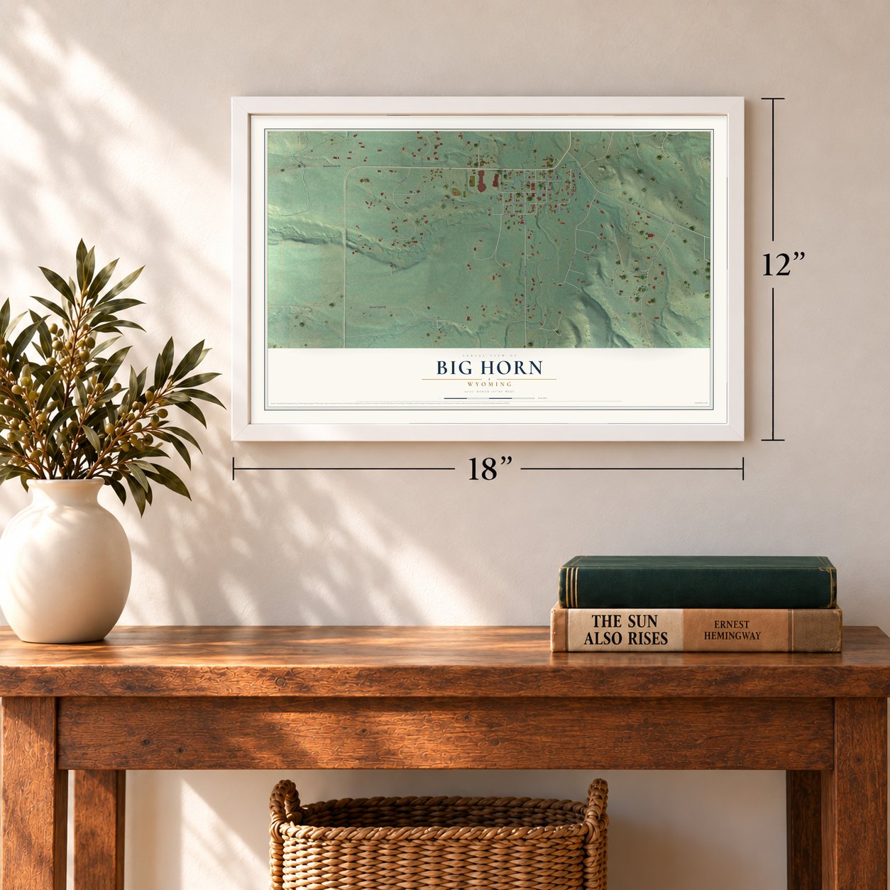Big Horn, Wyoming map, 12 x 18 inch print in a white frame in an entryway