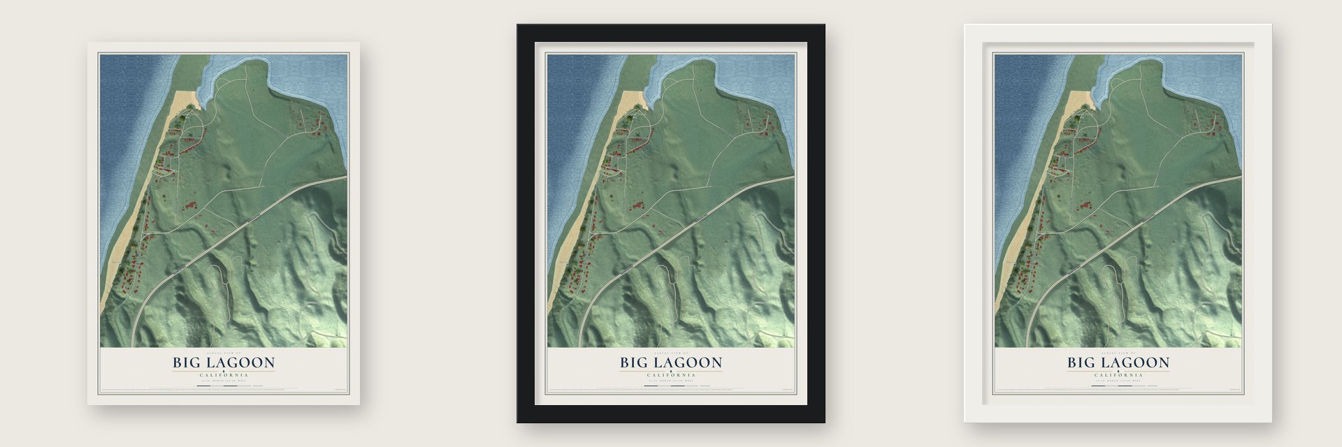 Big Lagoon, California map unframed, in a black wood frame and in a white wood frame