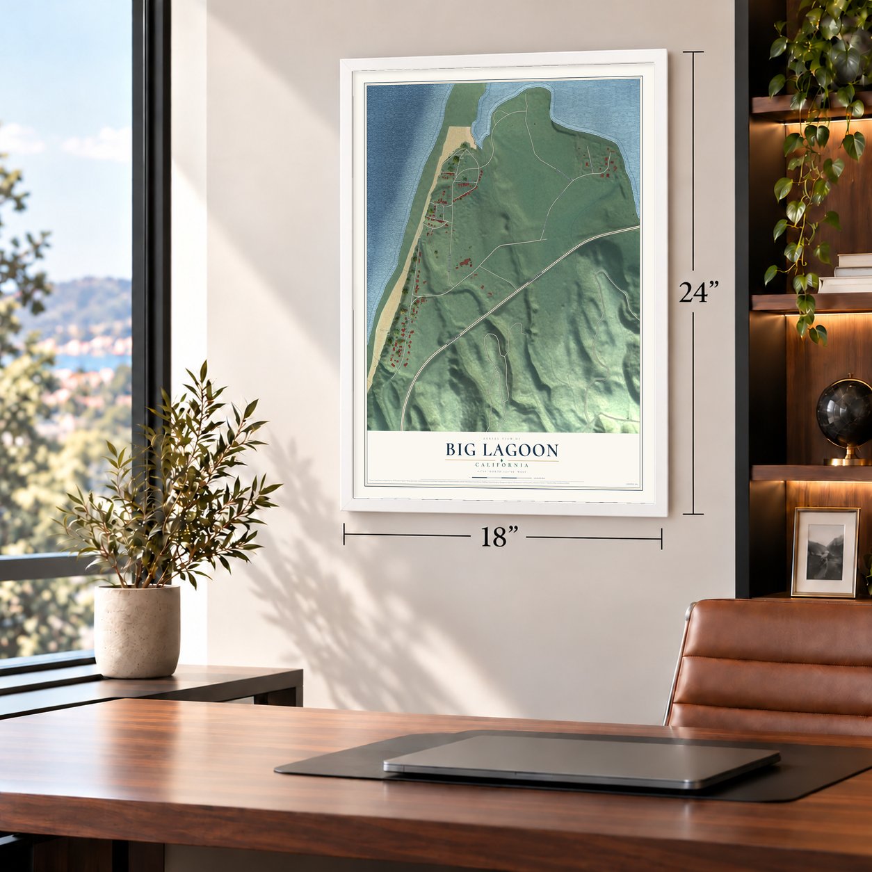 Big Lagoon, California map, 18 x 24 inch print in a white frame in a home office