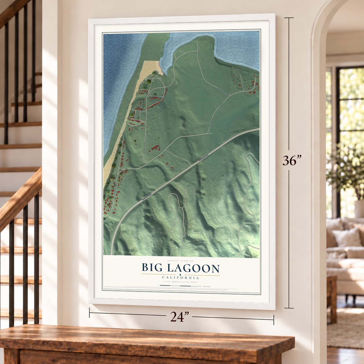 Big Lagoon, California map, 24 x 36 inch print in a white frame by a staircase