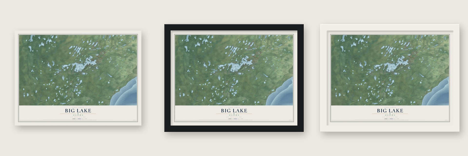 Big Lake, Alaska map unframed, in a black wood frame and in a white wood frame