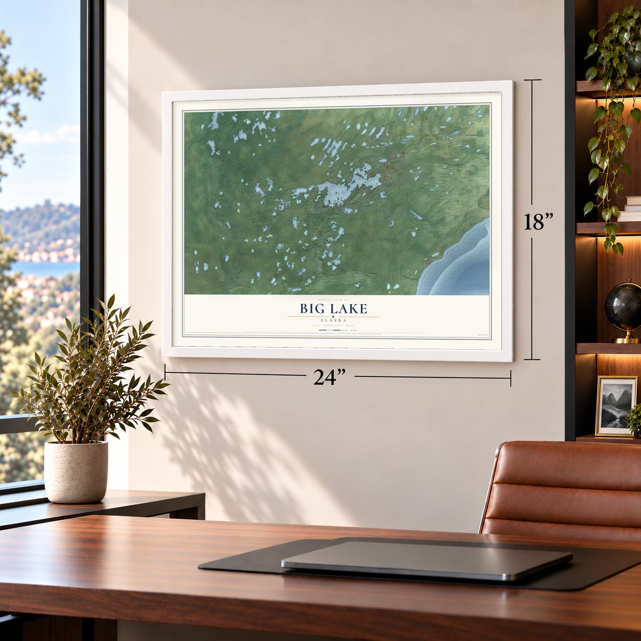 Big Lake, Alaska map, 18 x 24 inch print in a white frame in a home office