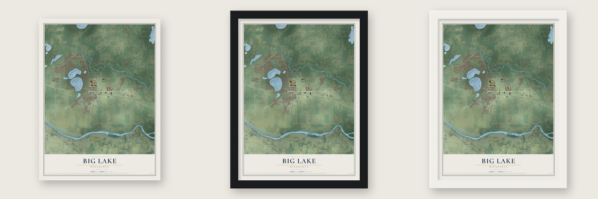 Big Lake, Minnesota map unframed, in a black wood frame and in a white wood frame
