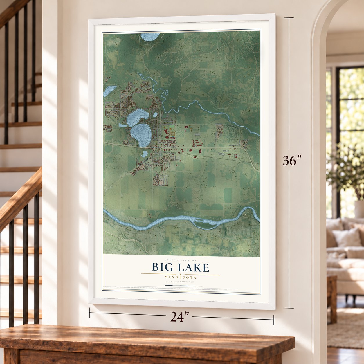 Big Lake, Minnesota map, 24 x 36 inch print in a white frame by a staircase