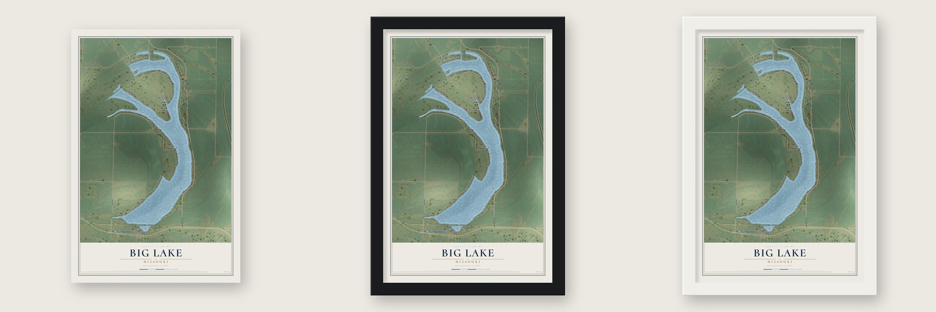 Big Lake, Missouri map unframed, in a black wood frame and in a white wood frame
