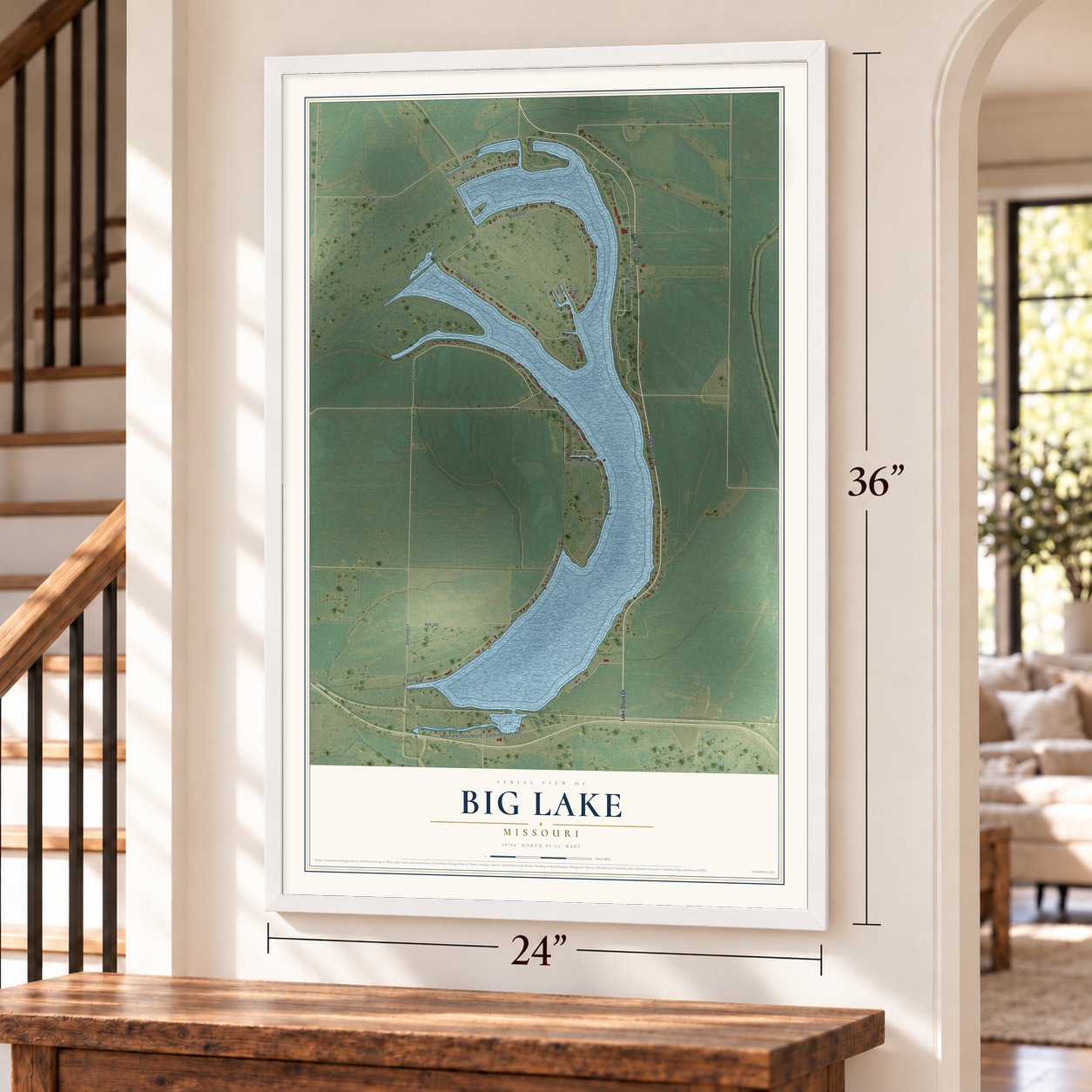 Big Lake, Missouri map, 24 x 36 inch print in a white frame by a staircase