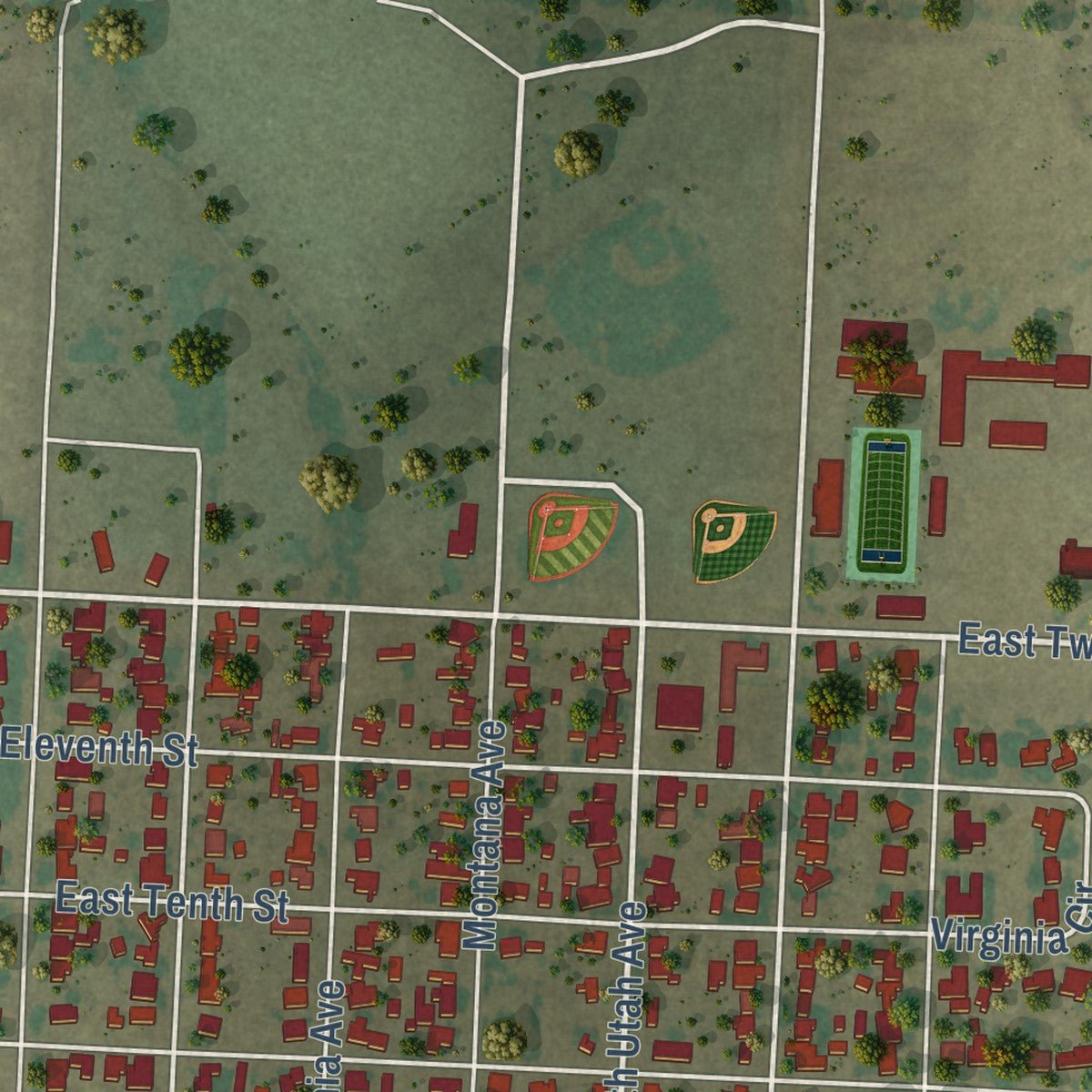 Second close-up of the map of Big Lake, Texas print showing more streets and buildings