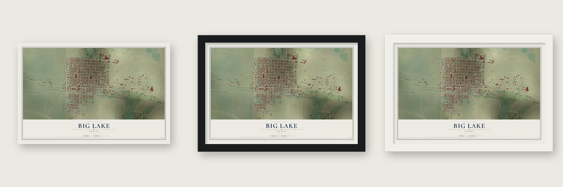 Big Lake, Texas map unframed, in a black wood frame and in a white wood frame
